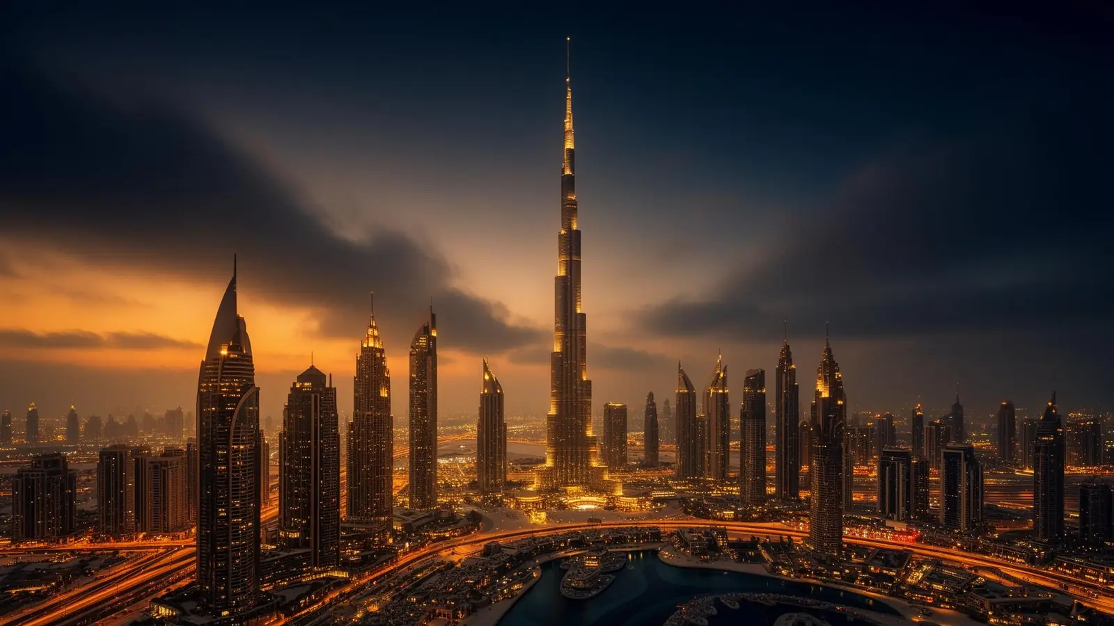 Burj Khalifa et la skyline de Downtown Dubaï au crépuscule