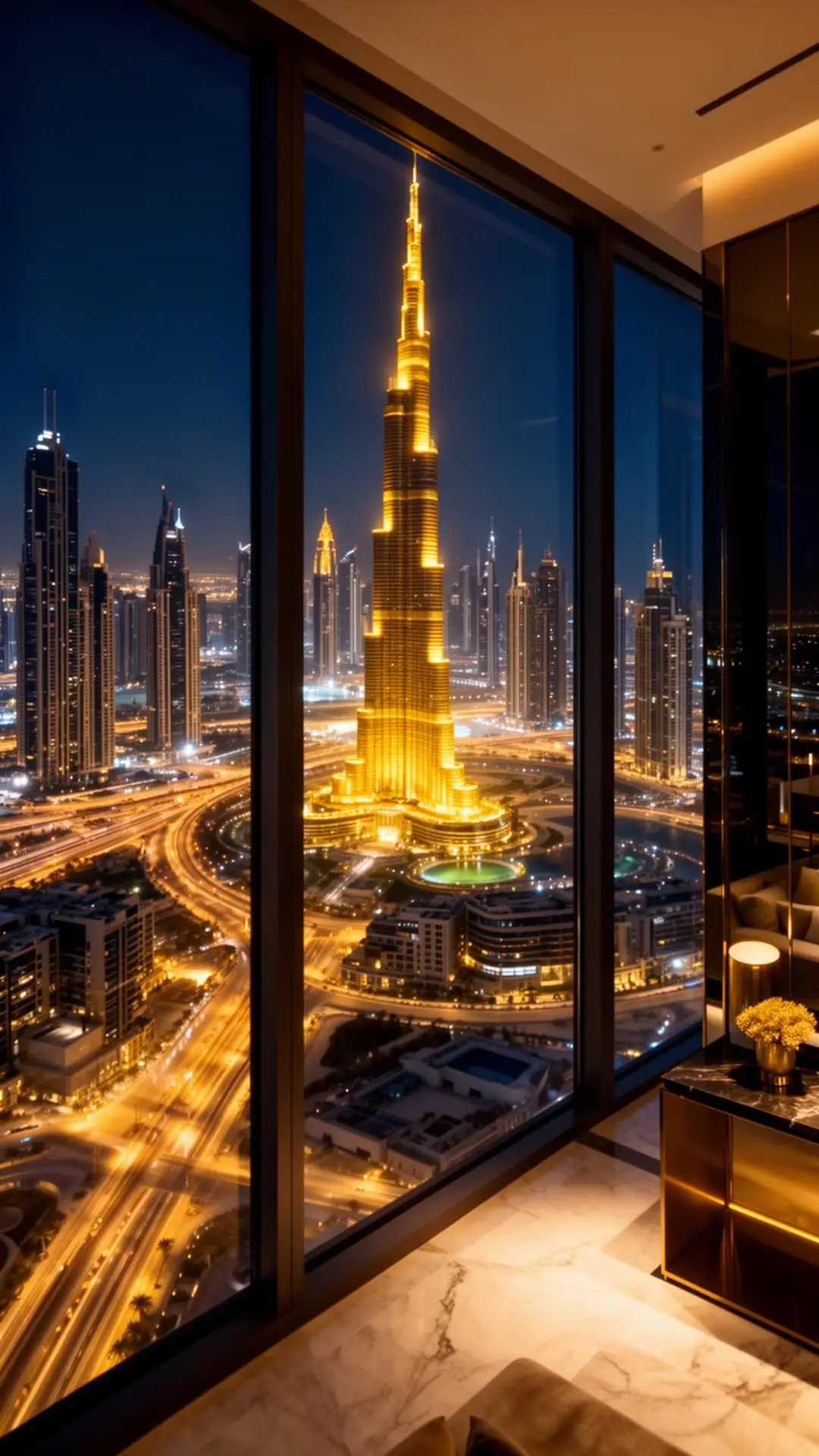 Siniya Island, Dubai Creek Harbour — Vue de nuit sur Dubaï depuis une résidence de prestige